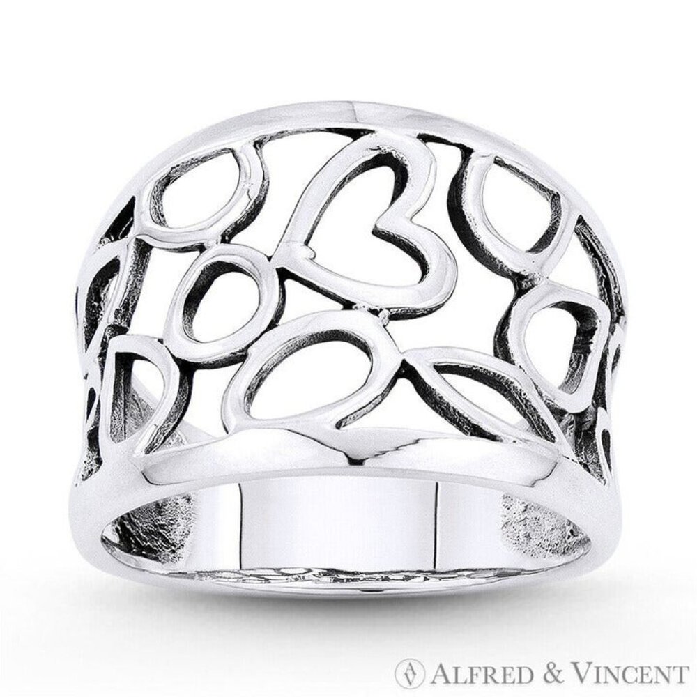 Heart Charm & Freeform Cutout Wide Band in .925 Sterling Silver - Size 8